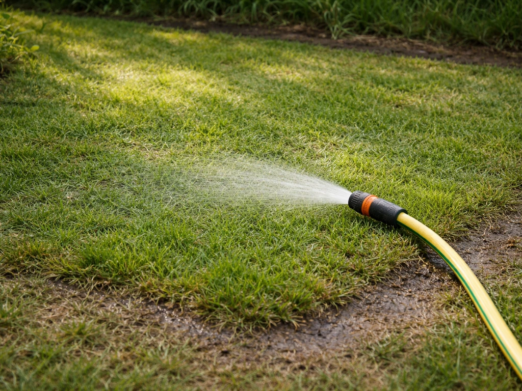 Jardinier arrose un carré de pelouse avec un tuyau, vue simple avant arrêt des apports