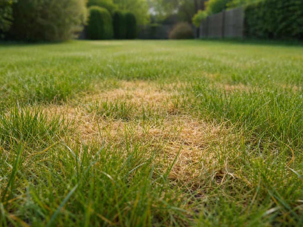 Pelouse de jardin avec zones jaunes visibles en mai, brins d’herbe jaunis, jardin résidentiel flou en arrière-plan.