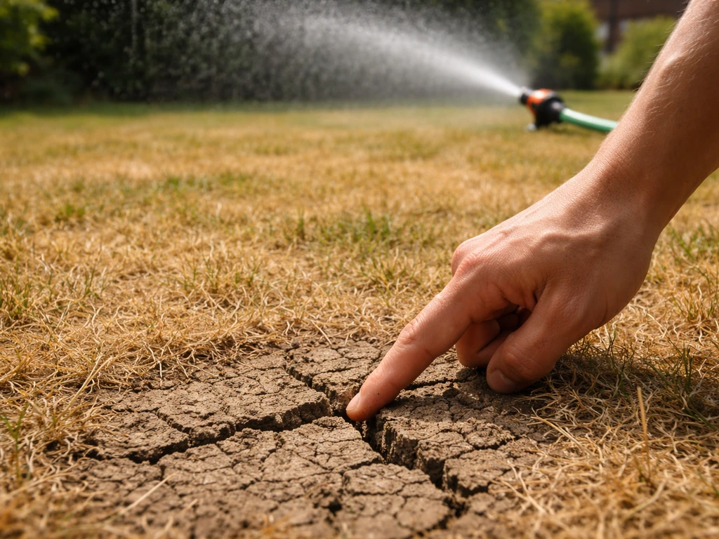 Pelouse sèche de mai, sol craquelé sous le doigt, tuyau d’arrosage aspergeant l’herbe en arrière-plan.