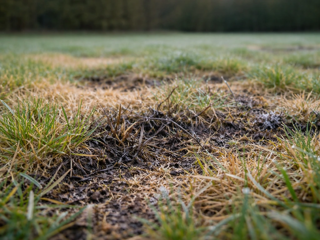 Pelouse jaunie après gel tardif : brins d’herbe noircis et traces de froid sur l’herbe au matin.