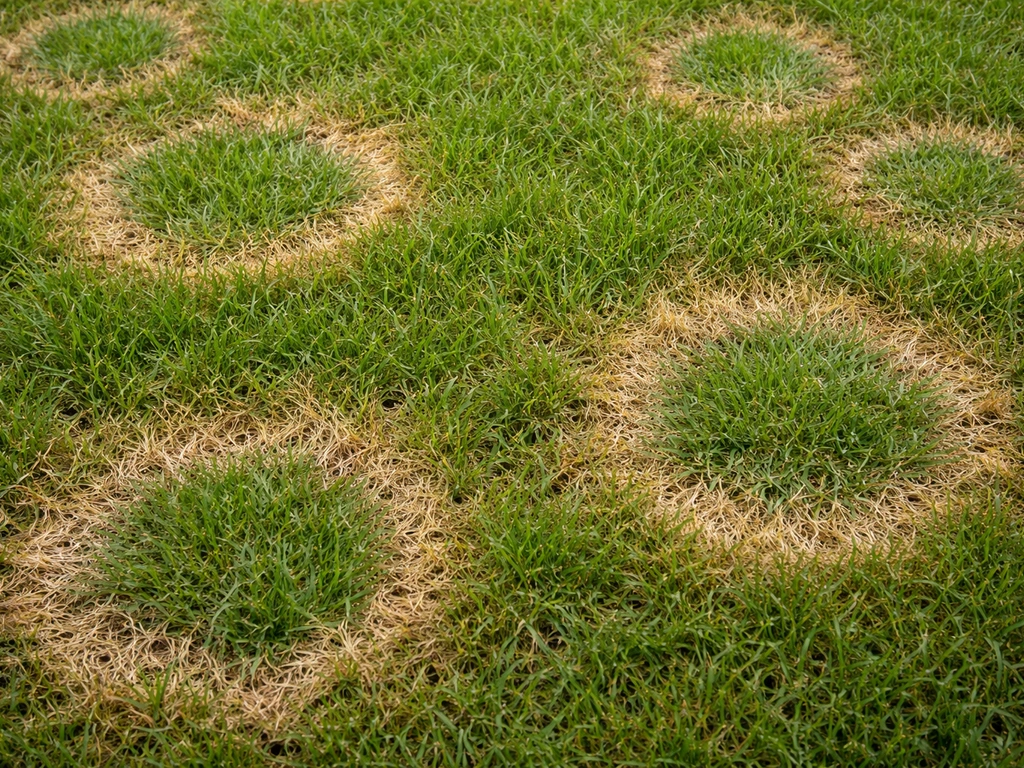 Pelouse avec taches circulaires en anneaux : couronne jaune/brun et centre plus vert, aspect fongique.