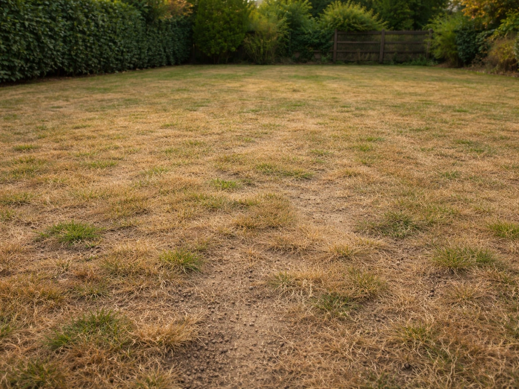 Pelouse partiellement jaunie et brunie avec zones marron et feutrage visible, jardin résidentiel français.