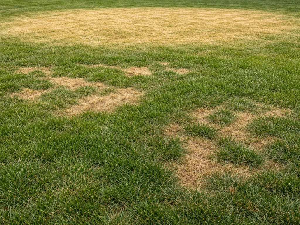 Pelouse verte avec trois zones distinctes : jaune uniforme, plaques sèches localisées et brunissement par taches.