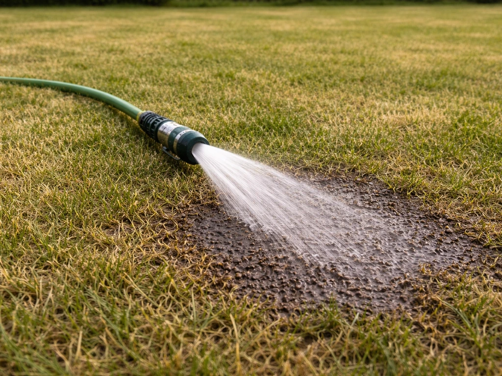 Pelouse arrosée en urgence, sol en surface assombri et eau qui s’infiltre près du tuyau