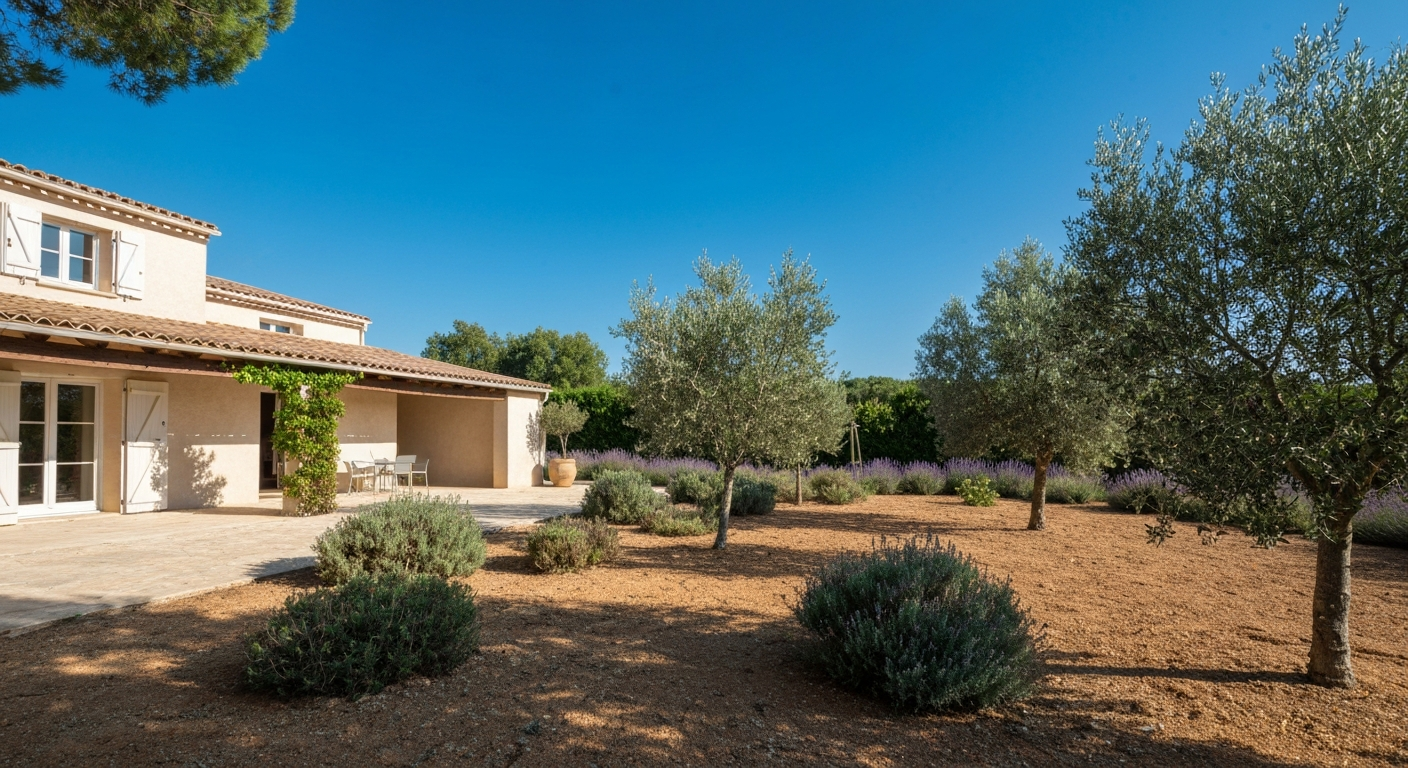 Jardin méditerranéen plein sud : pelouse partiellement verte et partiellement en dormance devant une maison en pierre, oliviers et lavandes, ciel bleu et fort ensoleillement.