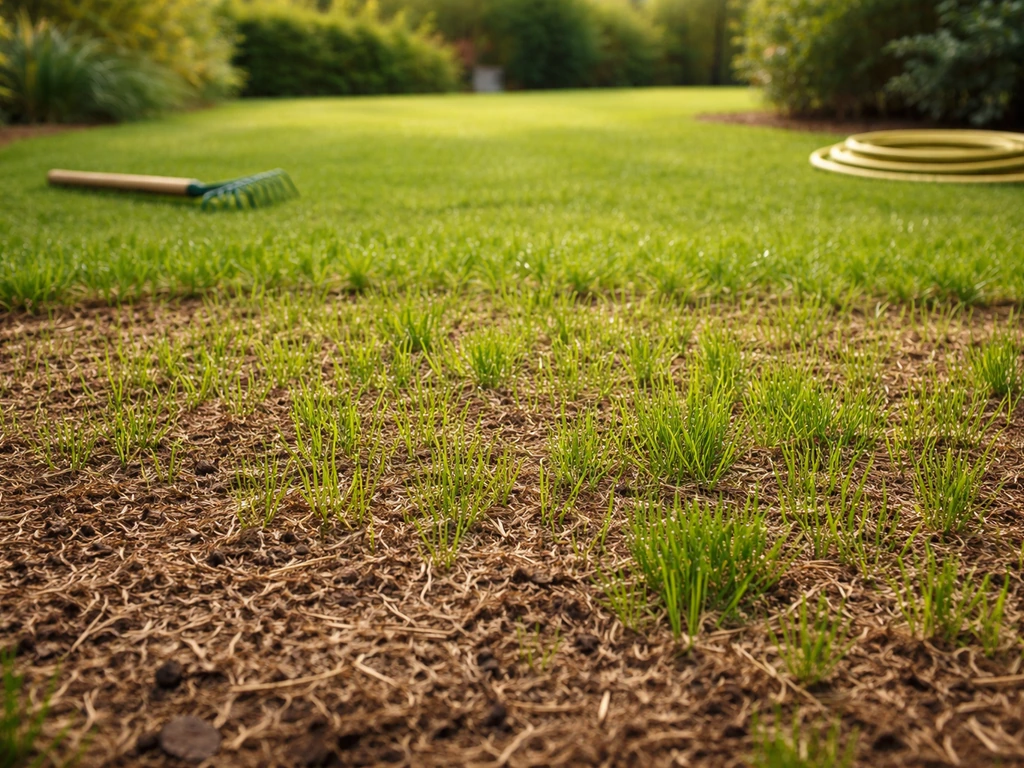 Pelouse regarnie, plus dense, montrant la zone autrefois clairsemée, avec paillage et jeunes brins d’herbe.