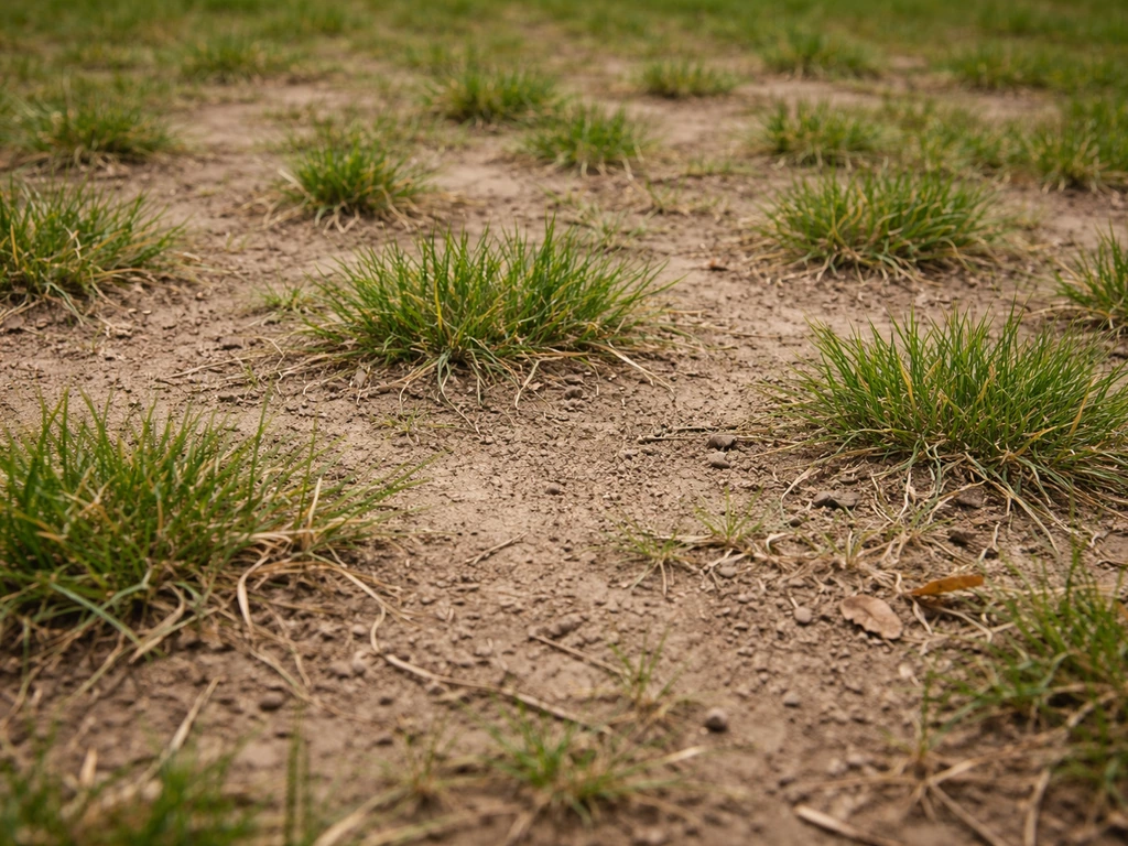 Gros plan d’une pelouse clairsemée : touffes d’herbe séparées par de la terre nue.