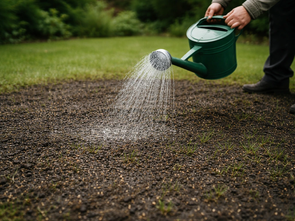 Arrosage fin d’une pelouse récemment sursemée, sol humide et graines à peine visibles