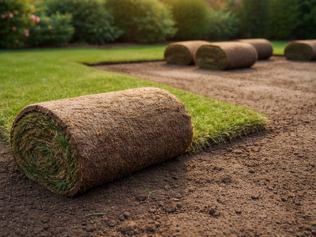 Rouleaux de gazon en rouleau fraîchement posés sur une pelouse nivelée, arrosage récent, jardin calme en arrière-plan.