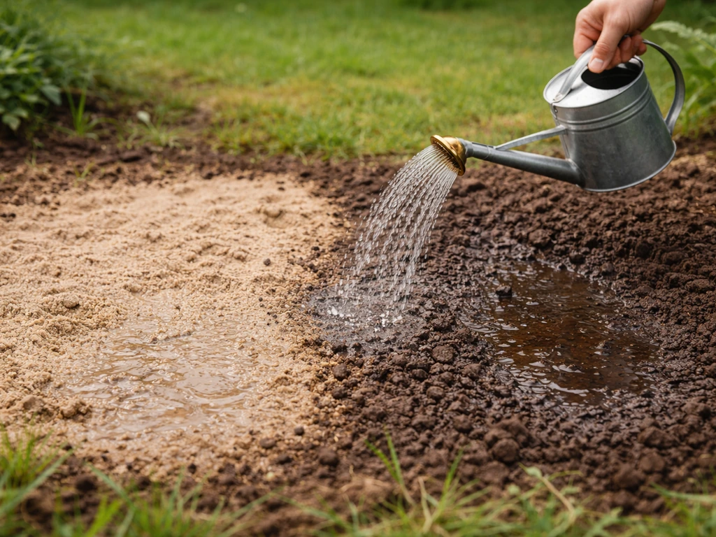 Filet d’eau sur une zone de sol sableux et une terre plus compacte, textures bien visibles au jardin.