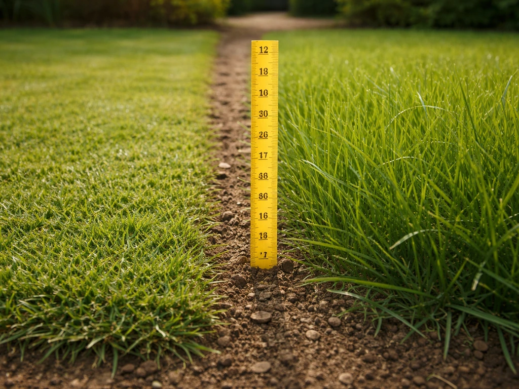 Pelouse d’automne tondue à deux hauteurs avec un ruban à mesurer marquant des centimètres, près de l’herbe.