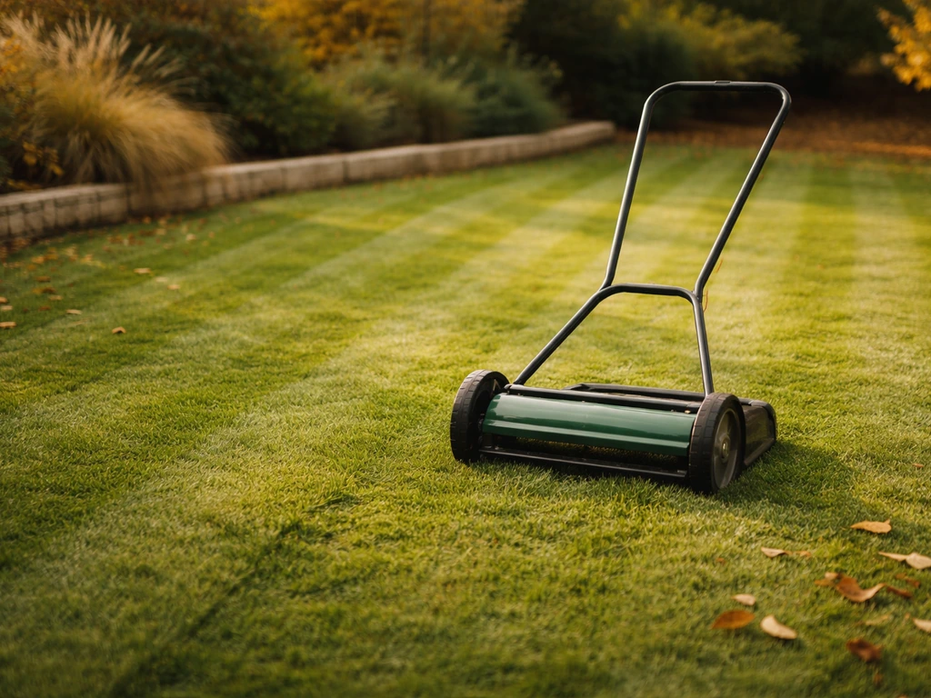Pelouse tondue d’automne avec une tondeuse à gazon au sol, ambiance calme avant la fin de saison.