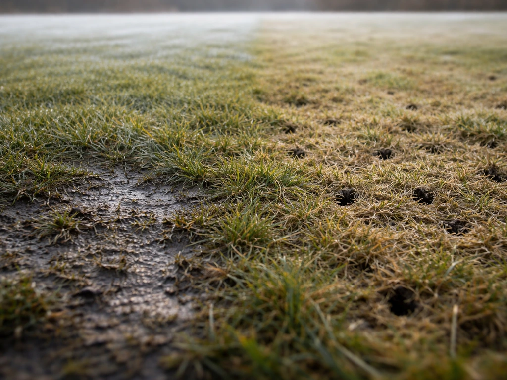 Pelouse d’hiver : zone détrempée et zone feutrée avec aération légère, sol humide et sombre.