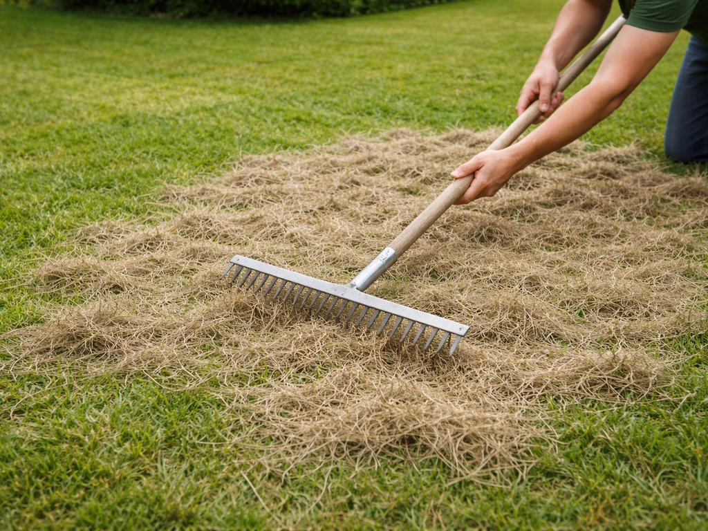 Jardinier étale des tontes de pelouse sèches en couche fine et régulière avec un rateau