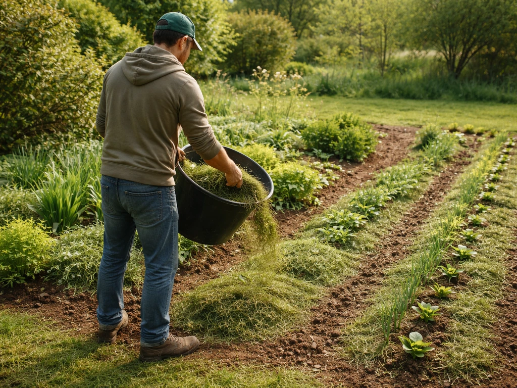 Tontes en paillis entre massifs de vivaces et dans un potager, ambiance jardin au soleil
