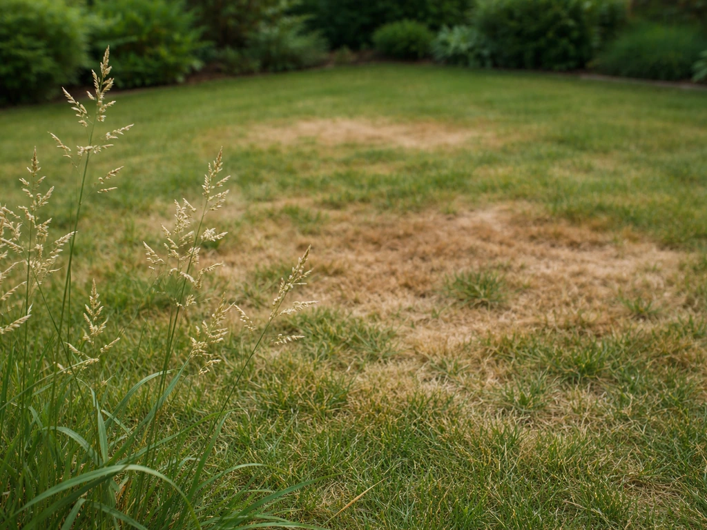 Herbe montée en graines et pelouse avec taches brunes, montrant quoi éviter en paillis.