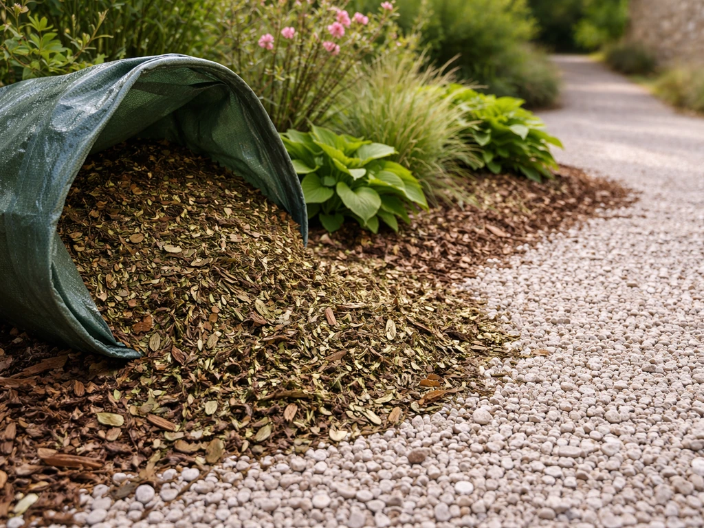 Broyat de déchets verts déposé au pied des plantes, avec paillis minéral clair en complément au jardin.